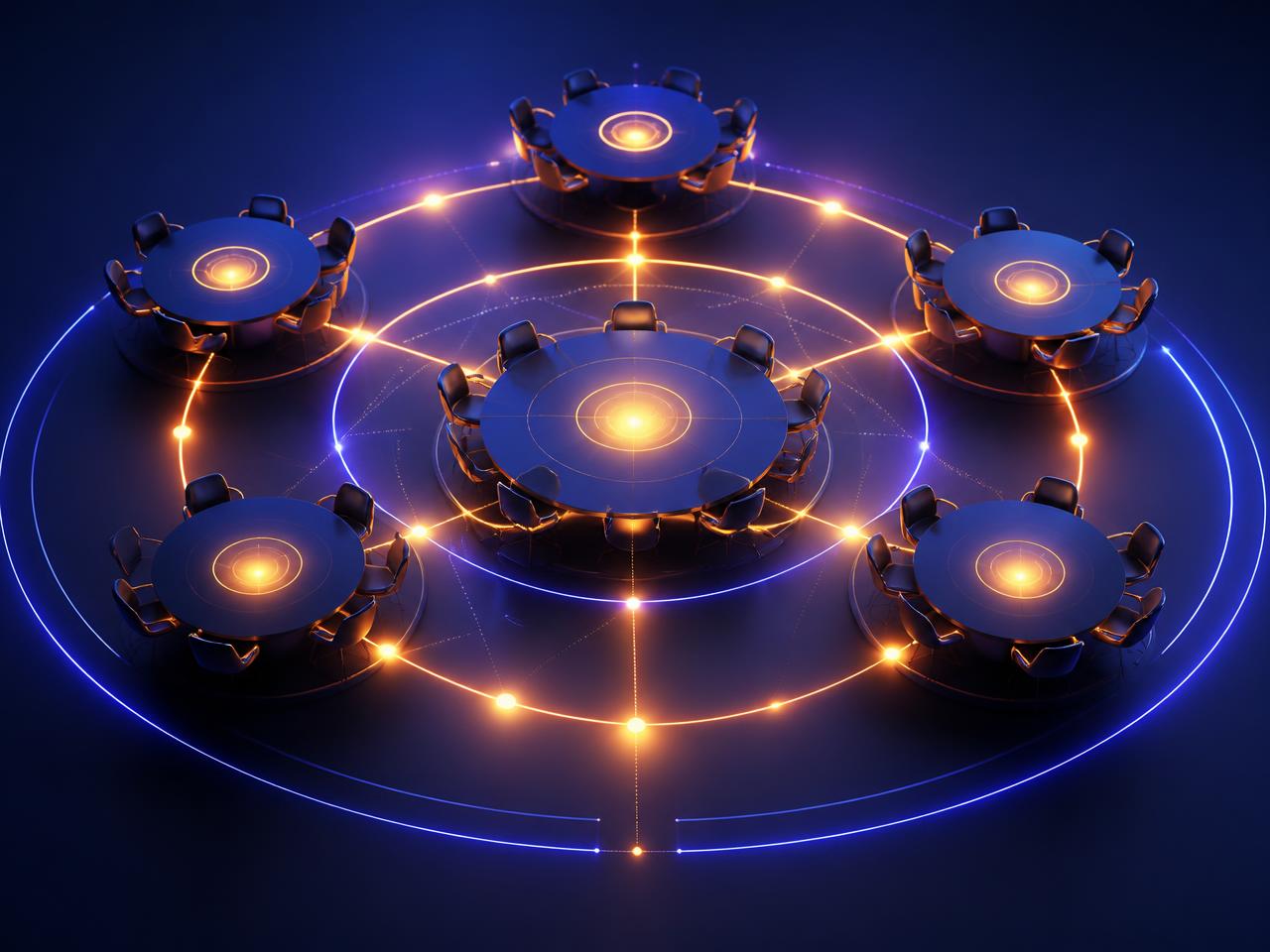 Networking tables connected by glowing rotation paths